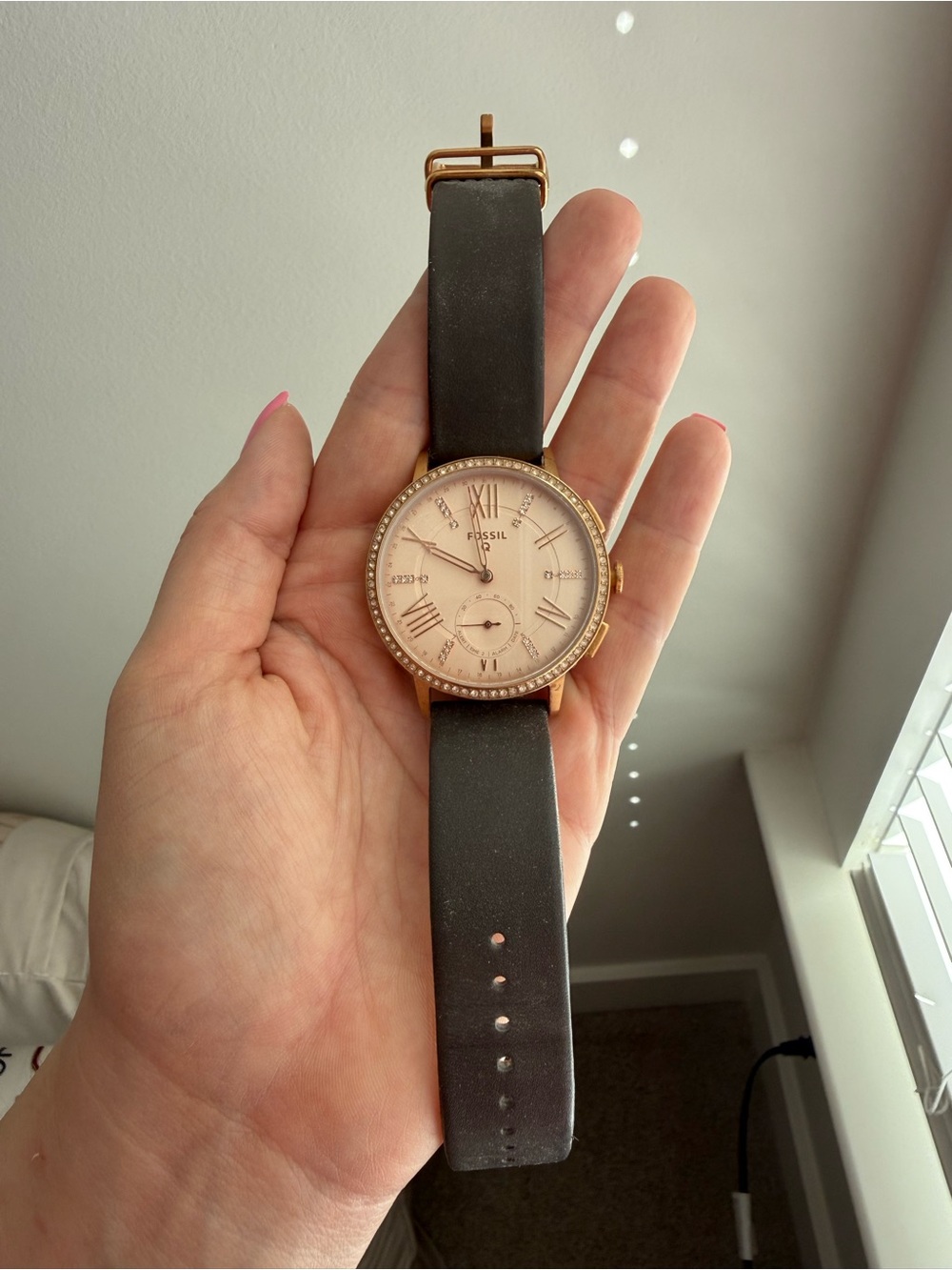 Bluetooth Fossil Rose Gold-Tone Case with Brown Leather Strap Watch
